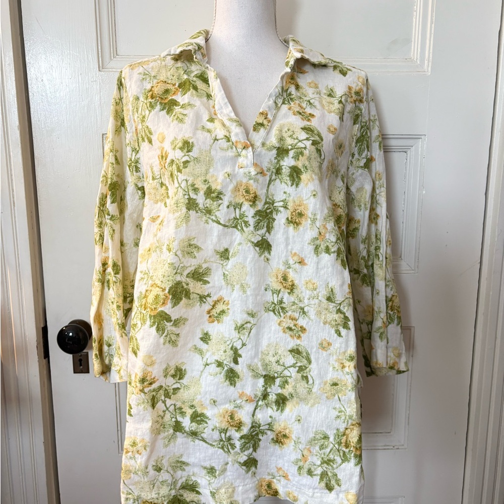 Laura Ashley White Linen Top with Green and Yellow Floral Print